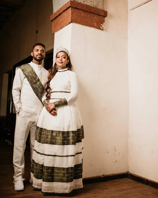 Verdant Elegance: Habesha Couples' Outfits in Captivating Green Design