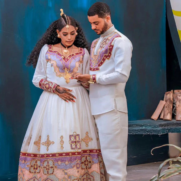 Gorgeous Habesha Wedding Dress: Beaded Couples Outfit.