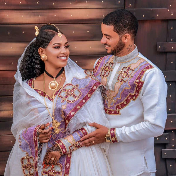 Gorgeous Habesha Wedding Dress: Beaded Couples Outfit.