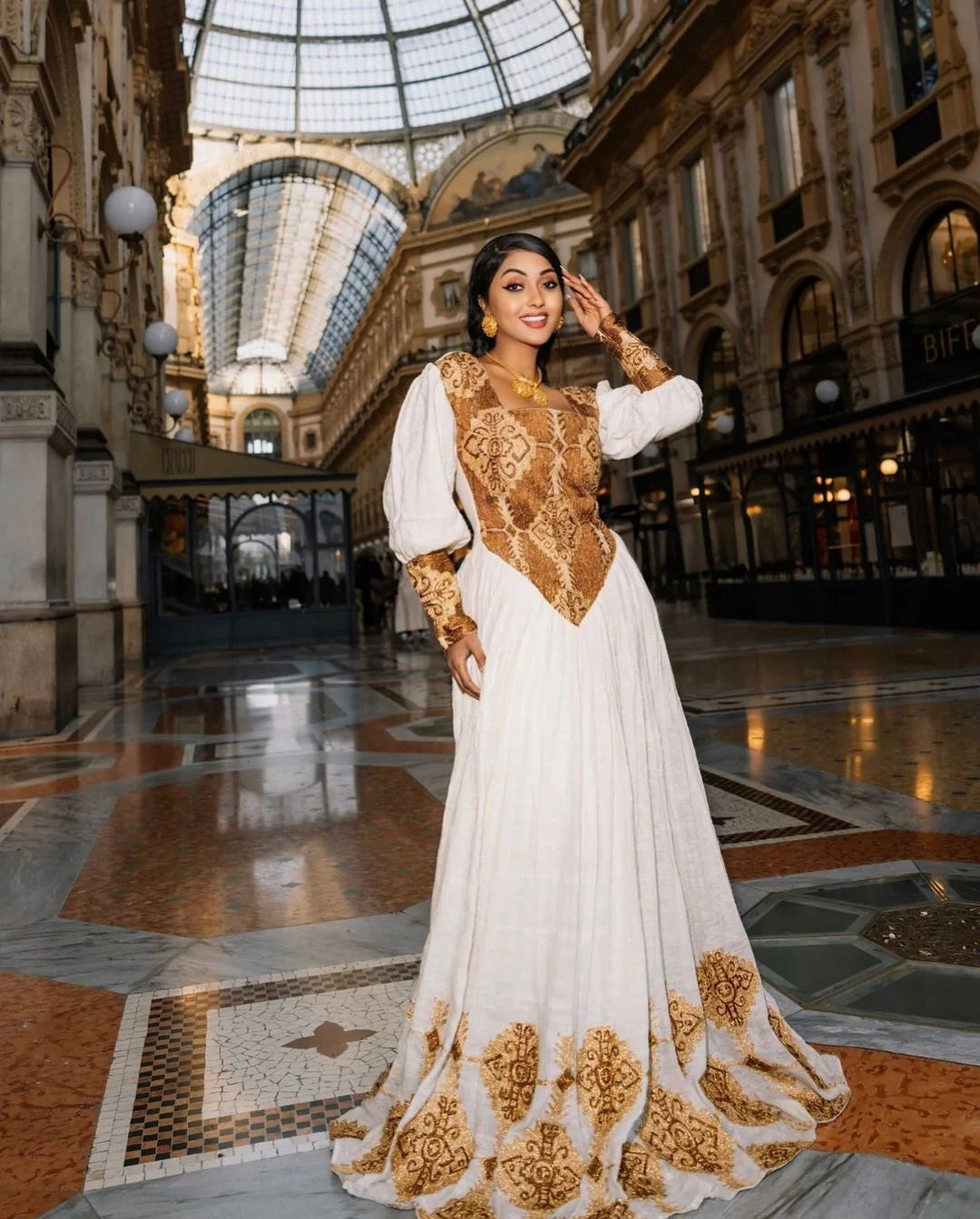 Elegant Ethiopian and Eritrean Dress: A beautiful Habesha dress featuring intricate, hand stitched cultural embroidery