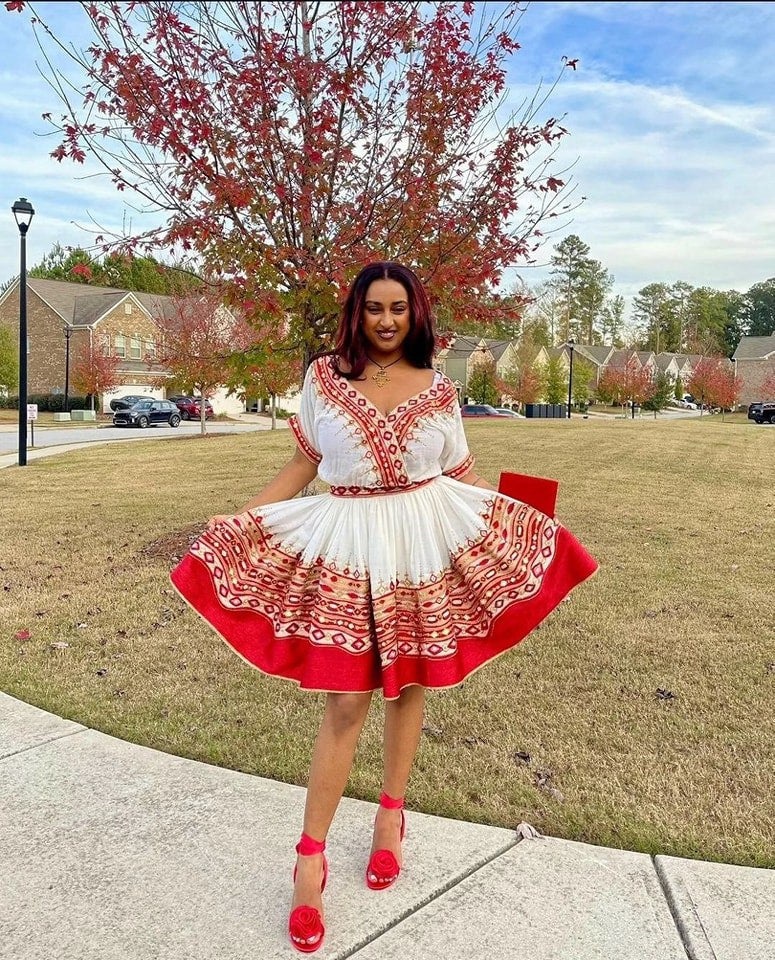 Dynamic Red Ethiopian Traditional Dress: Contemporary Mini Habesha Dress for Graduation, Birthdays, or Other Major Events Habesha Kemis.
