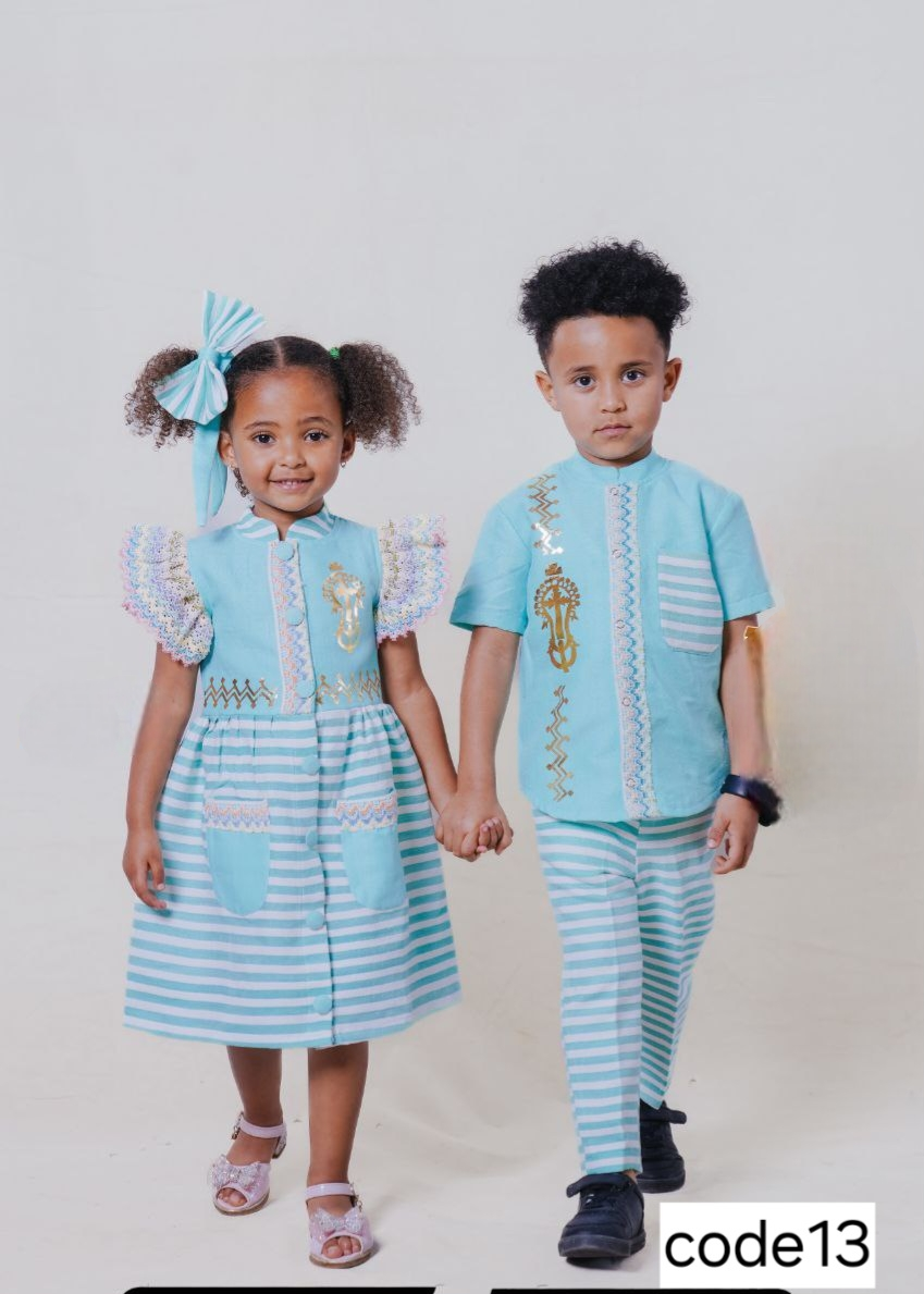 Light Blue and White Striped Kids' Traditional Outfit.