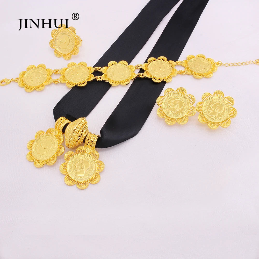 Ethiopian classic gold plated Big Coin Pendant Necklace Earring Ring jewelry sets for women Dubai African wedding bridal gifts