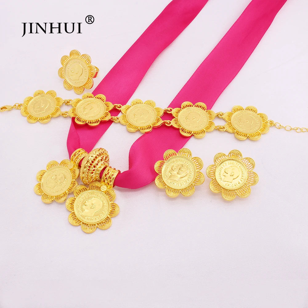 Ethiopian classic gold plated Big Coin Pendant Necklace Earring Ring jewelry sets for women Dubai African wedding bridal gifts