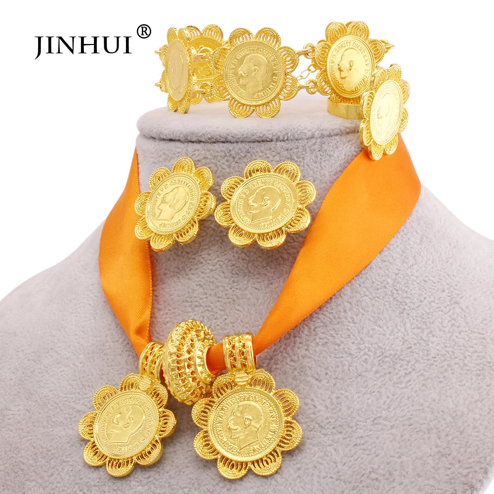 Ethiopian classic gold plated Big Coin Pendant Necklace Earring Ring jewelry sets for women Dubai African wedding bridal gifts