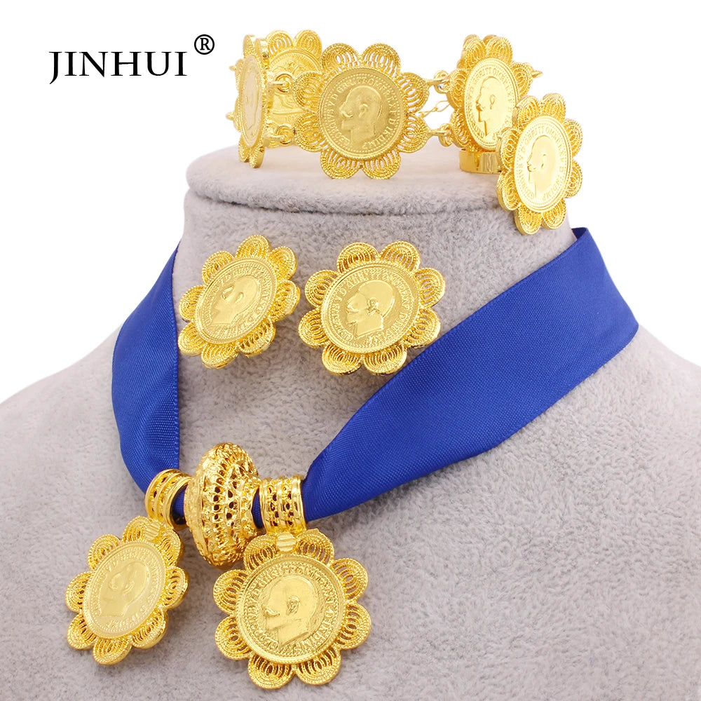 Ethiopian classic gold plated Big Coin Pendant Necklace Earring Ring jewelry sets for women Dubai African wedding bridal gifts