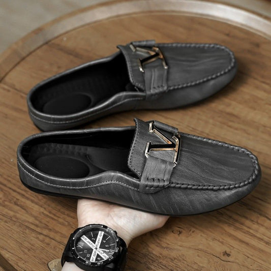 Half-wrapped Men's Loafers Slip-on Closed Toe Without Heel Leather Shoes