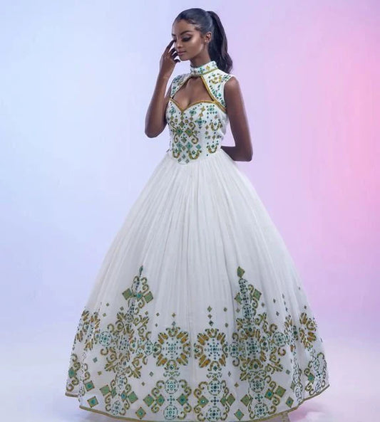 An Elegant Habesha Wedding Dress Made of Menen Fabric, Habesha Kemis, Habesha Dress
