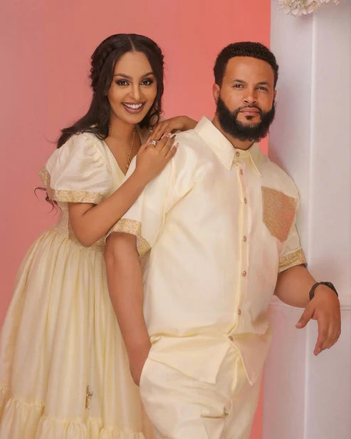 Exquisite Couples' Habesha Clothing: Luxurious Menen Fabric.