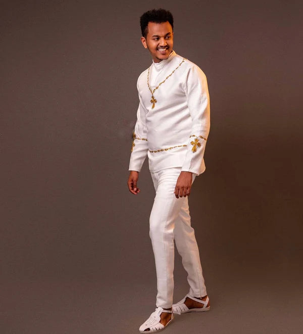 A Complete Traditional Outfit with Shoes for Men: Habesha Shirt and Pants