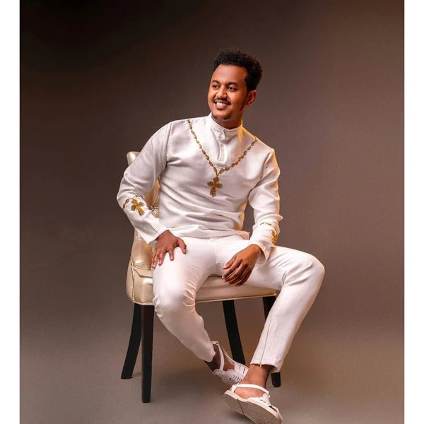 A Complete Traditional Outfit with Shoes for Men: Habesha Shirt and Pants