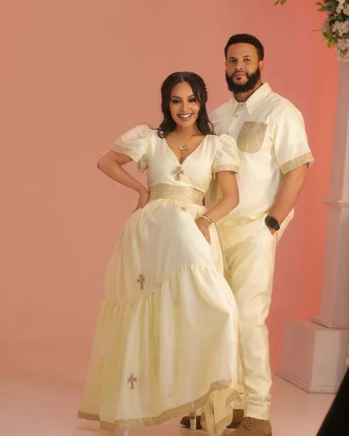 Exquisite Couples' Habesha Clothing: Luxurious Menen Fabric.