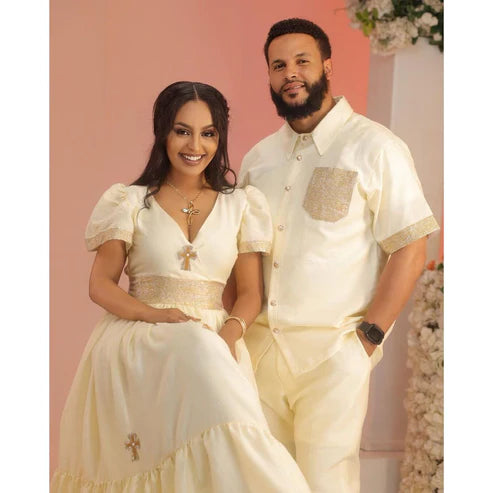 Exquisite Couples' Habesha Clothing: Luxurious Menen Fabric.