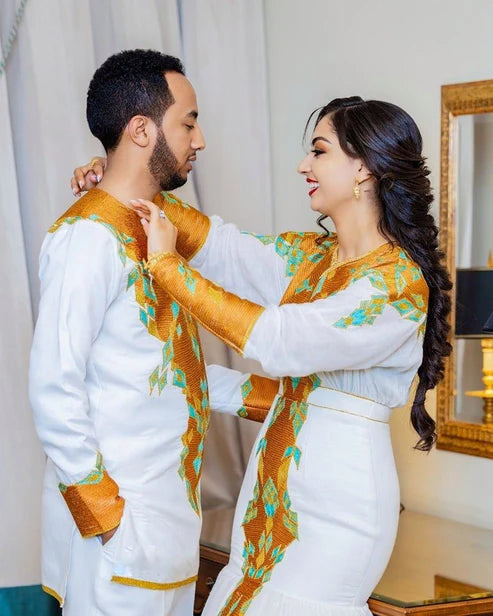 Couples Matching Traditional Cloth: Vibrant Tilf Designs.