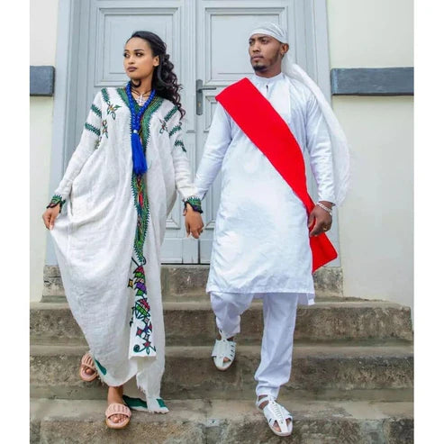 Handwoven Couples Matching Traditional Cloth: Exquisite Habesha Attire with Man's Shoe.