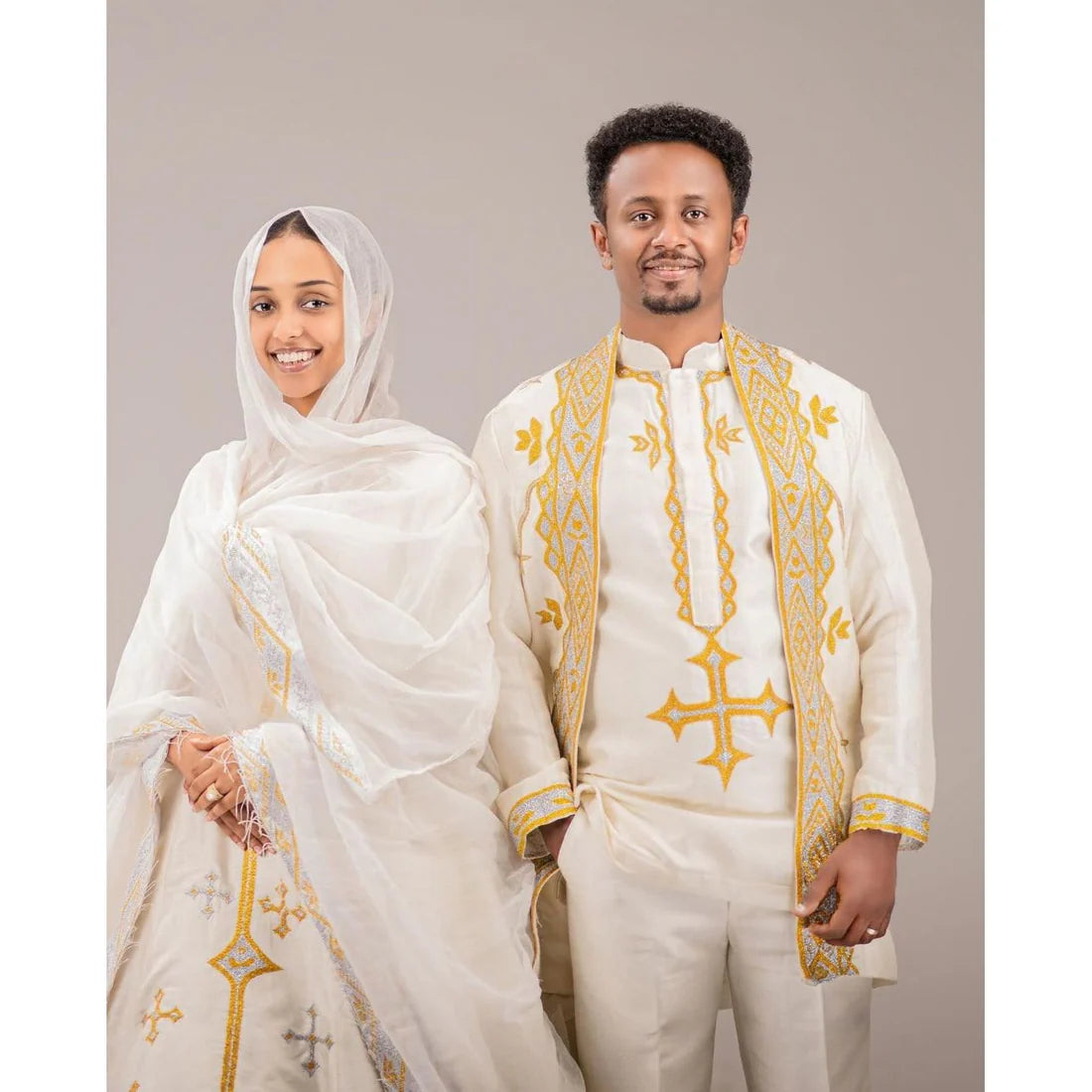 Handwoven Couples Matching Traditional Cloth: Exquisite Habesha Attire.
