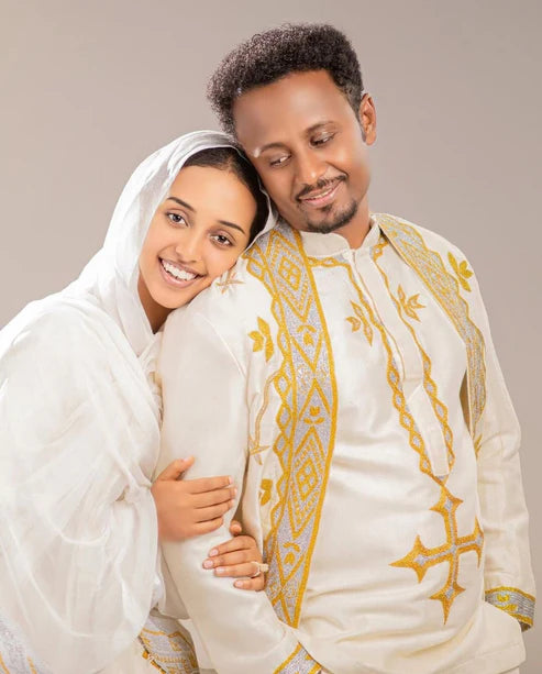 Handwoven Couples Matching Traditional Cloth: Exquisite Habesha Attire.
