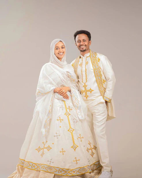 Handwoven Couples Matching Traditional Cloth: Exquisite Habesha Attire.