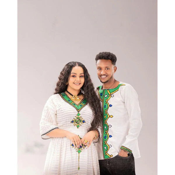 Oromo Couple's Outfit with Accessories: Traditional and Elegant.
