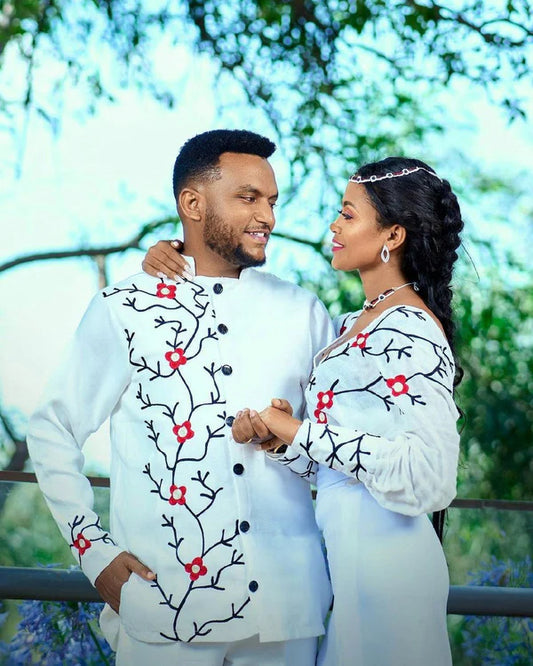 Modern Oromo Couples' Outfit with Accessories for Weddings.