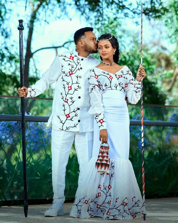 Modern Oromo Couples' Outfit with Accessories for Weddings.