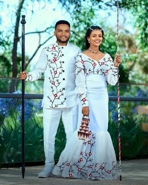 Modern Oromo Couples' Outfit with Accessories for Weddings.