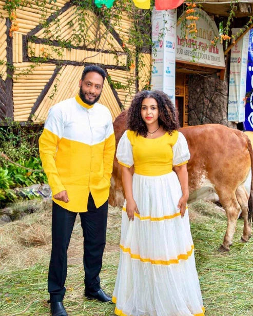 Radiant Yellow Couple's Habesha Outfit.