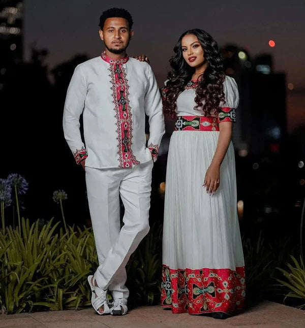 Contemporary Elegance: Habesha Couples' Ensemble in Menen and Pisi Fabrics.