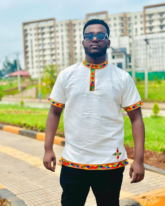 Lively Legacy: Handcrafted Multicolored Pattern Habesha Men's Shirt