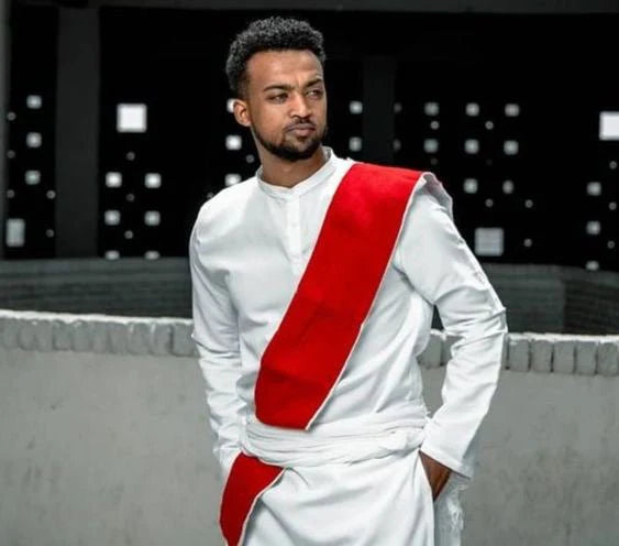 Jano: Crimson Tilet Sophistication in Habesha Men's Attire