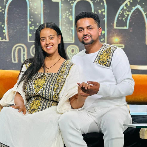 Exquisite Unity: Detailed Habesha Couples' Outfit.