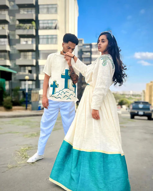 Azure Harmony: Couples' Habesha Outfit in Menen Fabric.