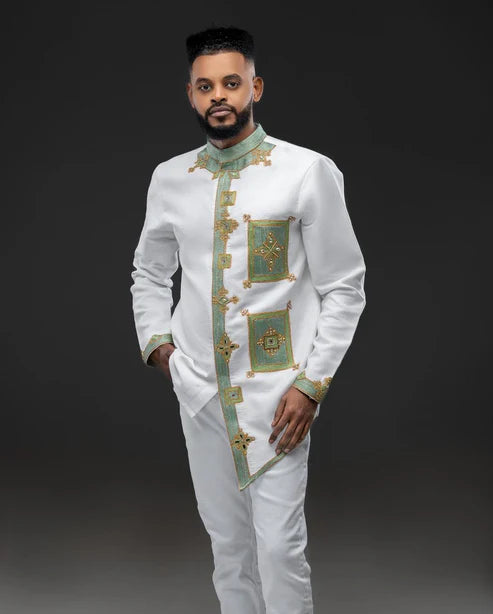 Radiant Shade Habesha Men's Attire Contemporary Habesha Shirt Paired With Trousers Minimalist Habesha Shirt Design.