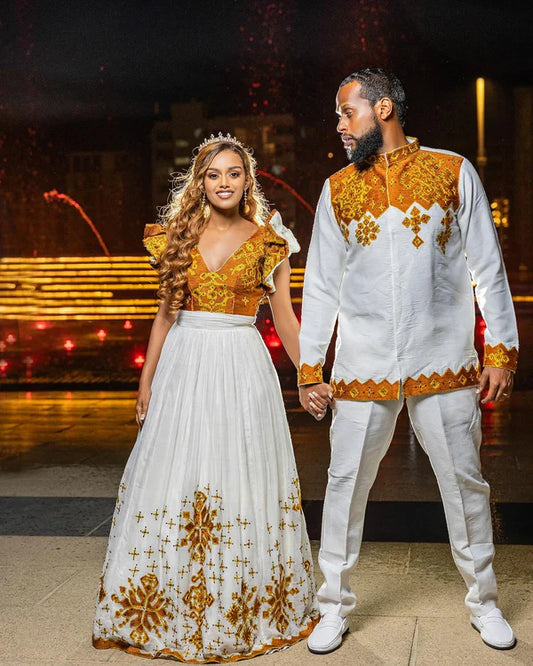Vibrant Splendor Habesha Couples Outfit: Classy Habesha Wedding Attire.