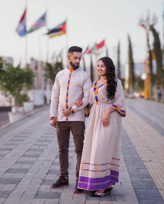 Purple and Orange Design: Habesha Couples Outfit