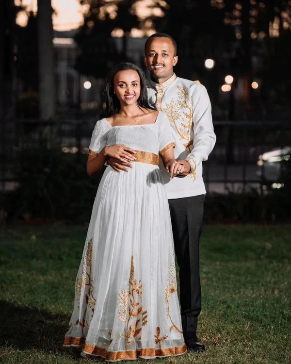 Simplistic Brown: Habesha Couples Outfit.