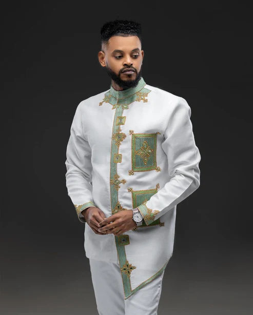 Radiant Shade Habesha Men's Attire Contemporary Habesha Shirt Paired With Trousers Minimalist Habesha Shirt Design.