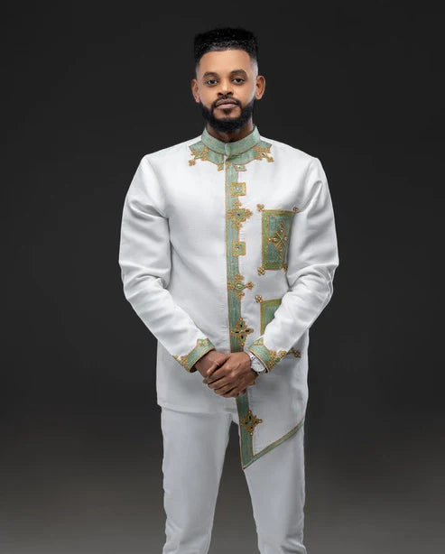 Radiant Shade Habesha Men's Attire Contemporary Habesha Shirt Paired With Trousers Minimalist Habesha Shirt Design.