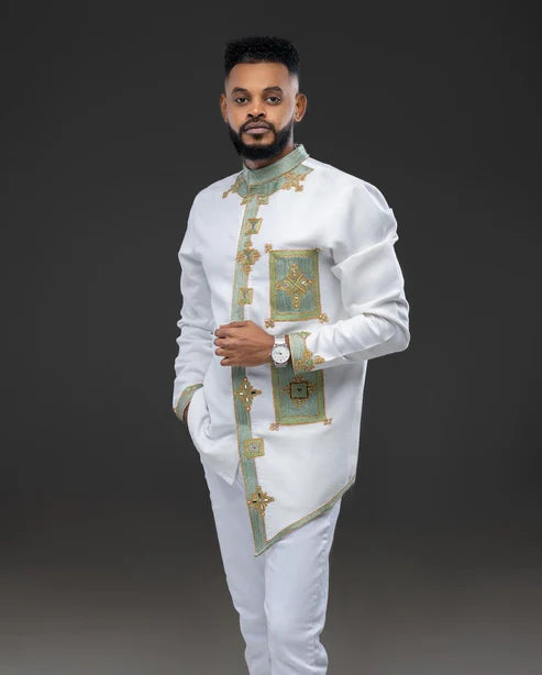 Radiant Shade Habesha Men's Attire Contemporary Habesha Shirt Paired With Trousers Minimalist Habesha Shirt Design.