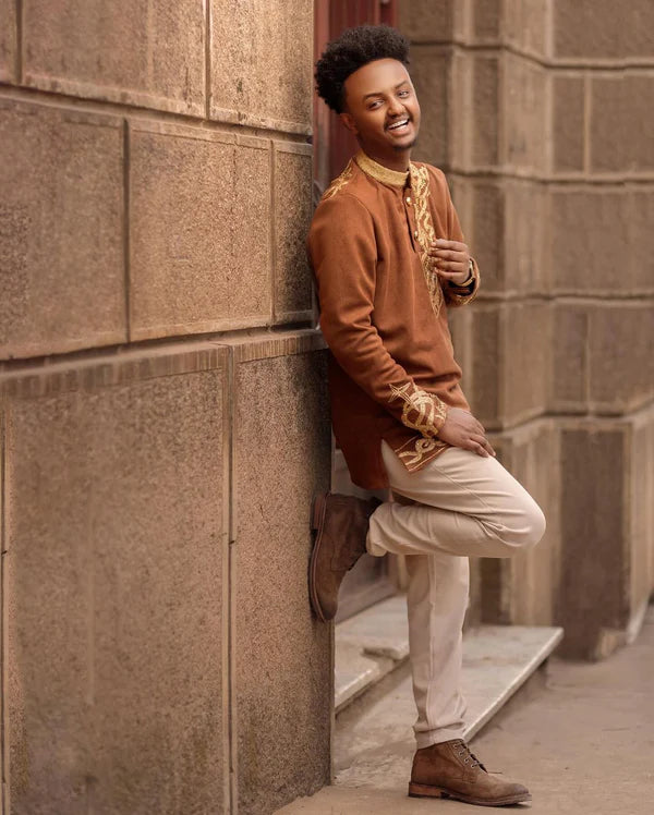 Tan Habesha Men's Attire with Gold Accents Habesha Men's Ensemble Contemporary Habesha Shirt Minimalist Habesha Shirt Design.