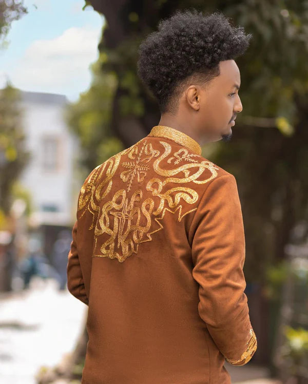 Tan Habesha Men's Attire with Gold Accents Habesha Men's Ensemble Contemporary Habesha Shirt Minimalist Habesha Shirt Design.