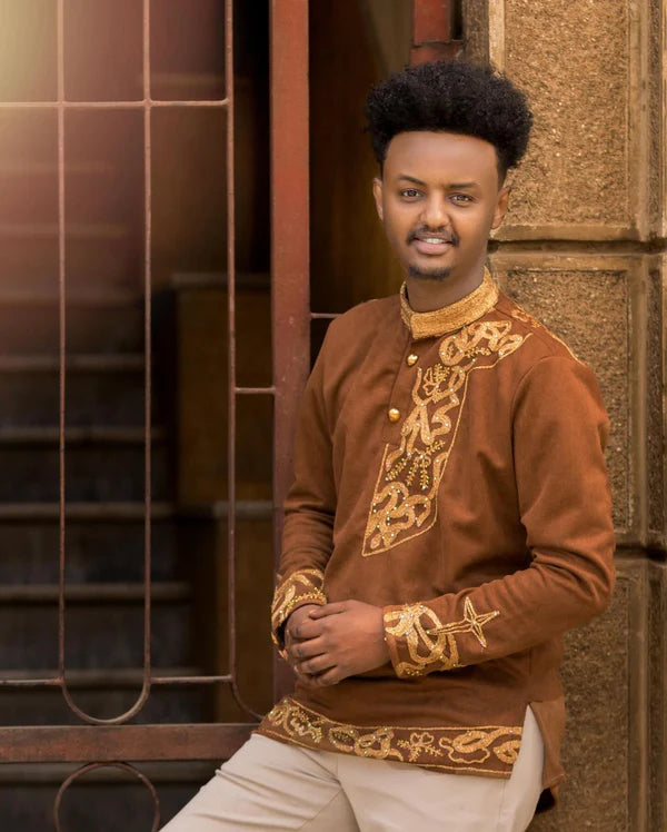 Tan Habesha Men's Attire with Gold Accents Habesha Men's Ensemble Contemporary Habesha Shirt Minimalist Habesha Shirt Design.