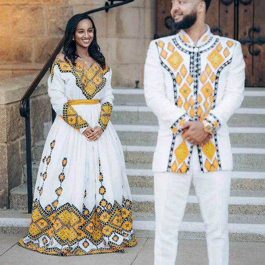 Beautiful Habesha Couples Outfit: Elegant Yellow Design in Traditional Attire