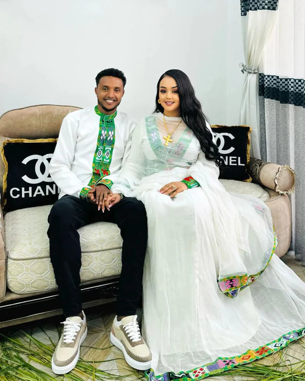 Simple Green Habesha Couples Outfit: Elegant Traditional Attire.