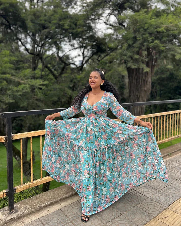 Enchanting blue chiffon Habesha Kemis