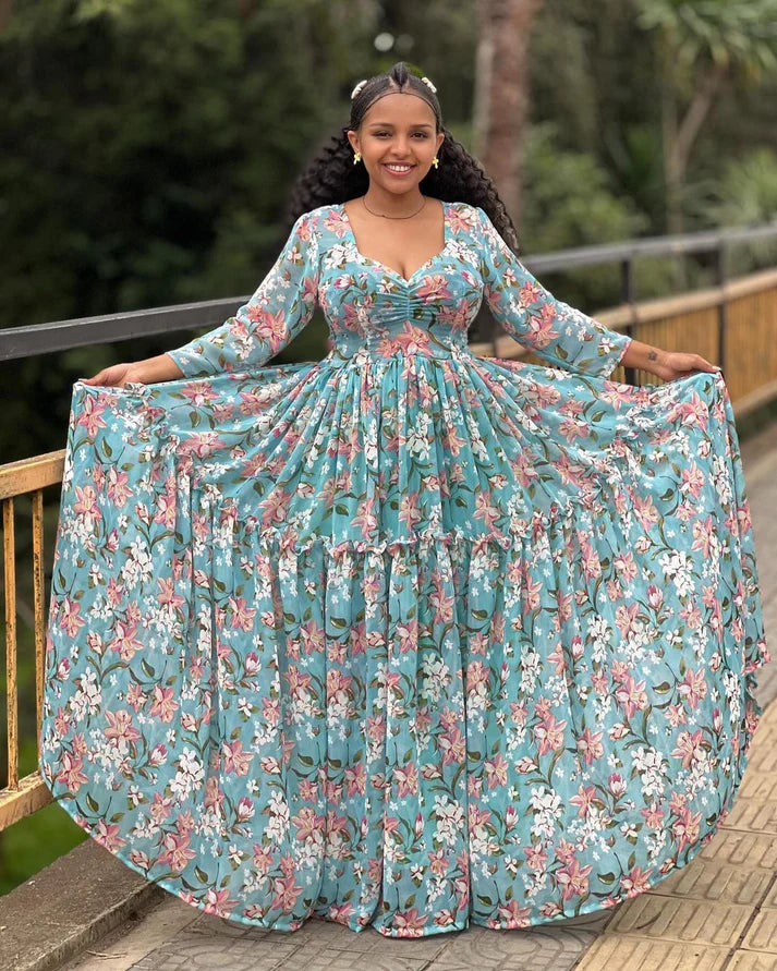 Enchanting blue chiffon Habesha Kemis