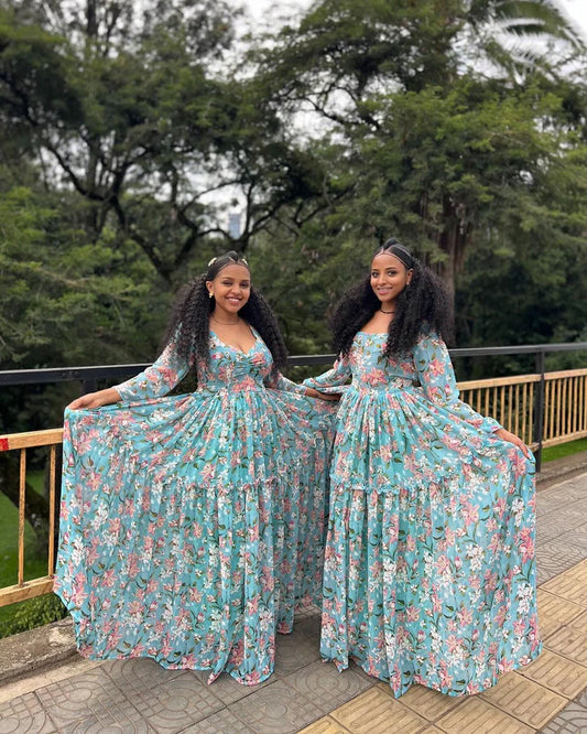 Enchanting blue chiffon Habesha Kemis