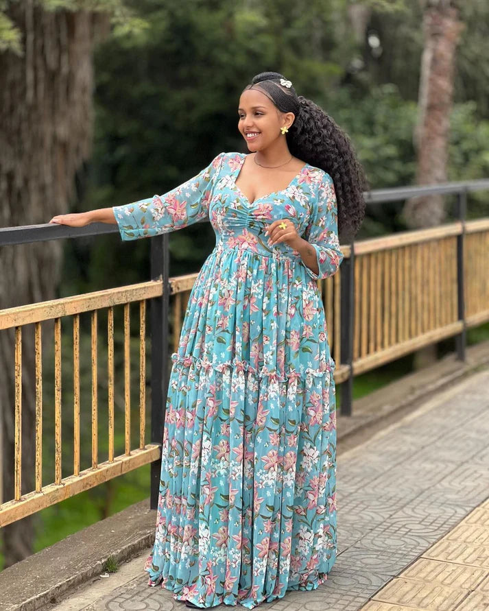 Enchanting blue chiffon Habesha Kemis