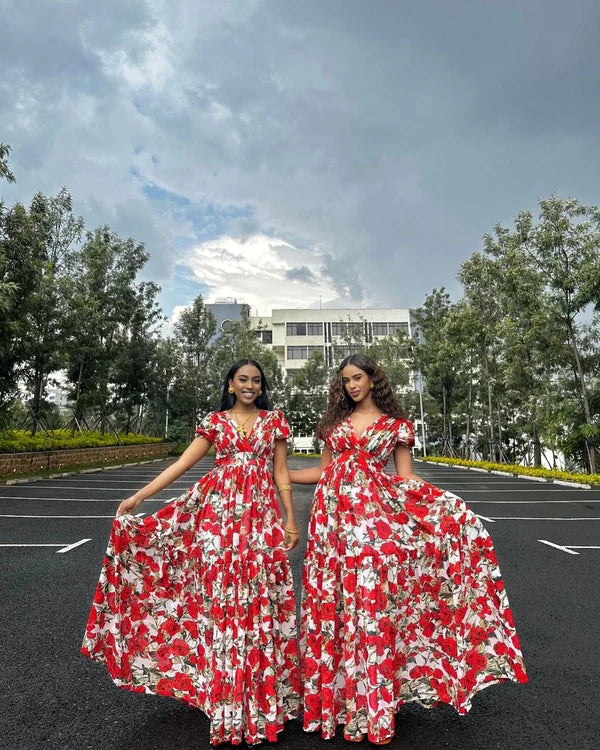 Beautiful Red and White Chiffon Dress: Stylish Habesha Dress, Modern Design