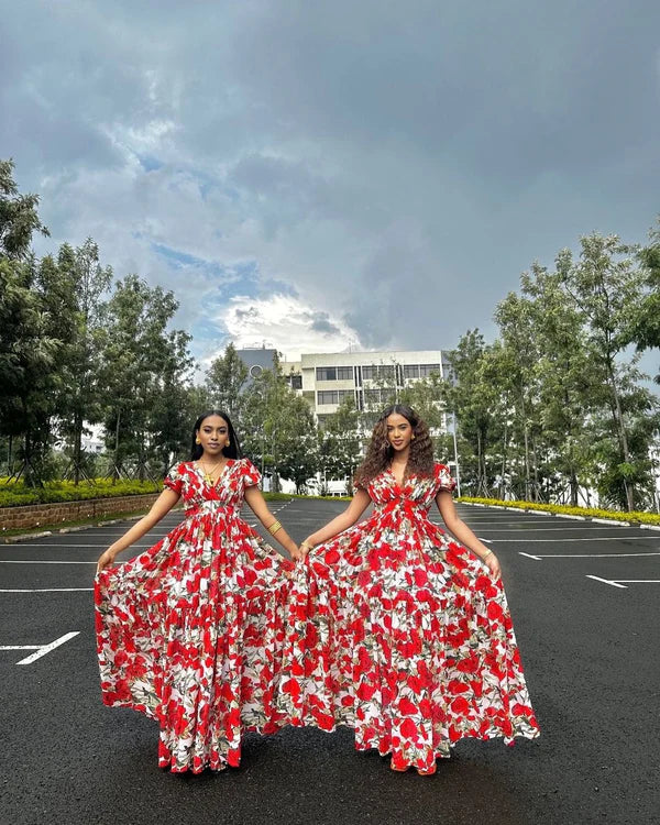 Beautiful Red and White Chiffon Dress: Stylish Habesha Dress, Modern Design